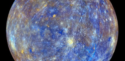 This colorful view of Mercury was produced by using images from the color base map imaging campaign during MESSENGER’s primary mission. These colors are not what Mercury would look like to the human eye, but rather the colors enhance the chemical, mineralogical, and physical differences between the rocks that make up the planet’s surface. Image credit: NASA / Johns Hopkins University Applied Physics Laboratory / Carnegie Institution of Washington.