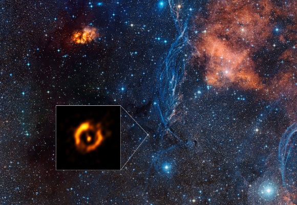 The dusty ring around IRAS 08544-4431: the inset shows the VLTI reconstructed image, with the brighter central star removed; the background view shows the surroundings of this binary star in the constellation of Vela. Image credit: ESO / Digitized Sky Survey 2 / Davide De Martin.