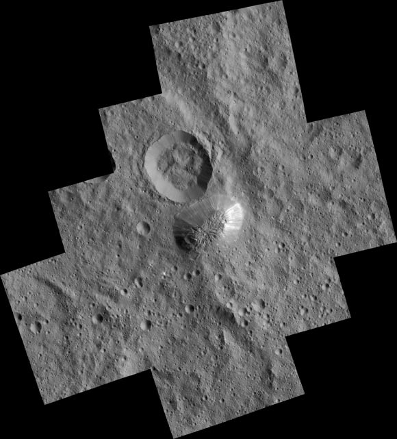 Ahuna Mons is seen in this mosaic of images from Dawn. Image credit: NASA / JPL-Caltech / UCLA / MPS / DLR / IDA.