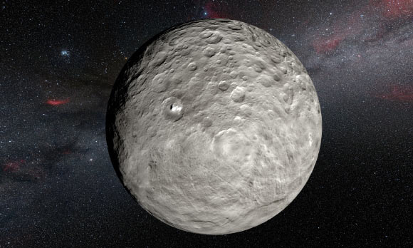 This artist’s impression shows the very bright patches of material in the crater Occator and elsewhere. Image credit: ESO / L.Calçada / NASA / JPL-Caltech / UCLA / MPS / DLR / IDA / Steve Albers / N. Risinger, skysurvey.org.