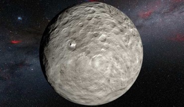This artist’s impression shows the very bright patches of material in the crater Occator and elsewhere. Image credit: ESO / L.Calçada / NASA / JPL-Caltech / UCLA / MPS / DLR / IDA / Steve Albers / N. Risinger, skysurvey.org.