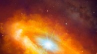 Artist’s impression of the giant molecular clouds surrounding the Milky Way’s center, bombarded by very high energy protons accelerated in the vicinity of Sagittarius A*. Image credit: Mark A. Garlick / H.E.S.S. Collaboration.