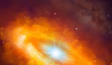 Artist’s impression of the giant molecular clouds surrounding the Milky Way’s center, bombarded by very high energy protons accelerated in the vicinity of Sagittarius A*. Image credit: Mark A. Garlick / H.E.S.S. Collaboration.