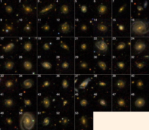 Images of super spiral galaxies. Examples with peculiar morphology: (1) multi-arm spiral, (8) asymmetric two-arm spiral, (21) ring galaxy, (23) possible tidal arm, (33) asymmetric disk, (34) possible secondary bulge, (53) partial arms or shells. Image credit: SDSS.