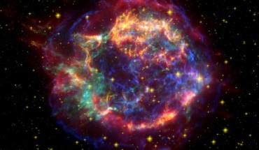 This false color image shows Cassiopeia A, a remnant of a Type IIb supernova. Image credit: NASA / JPL-Caltech.