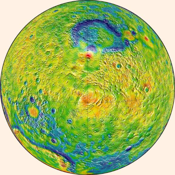 A map of Martian gravity looking down at the South Pole (center): white and red are areas of higher gravity; blue indicates areas of lower gravity. Image credit: MIT / UMBC-CRESST / GSFC.