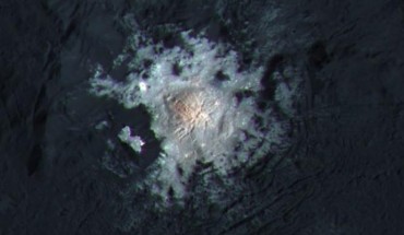 The bright spots near the center of Occator crater are shown in enhanced color in this view from NASA’s Dawn robotic spacecraft. Image credit: NASA / JPL-Caltech / UCLA / MPS / DLR / IDA / PSI / LPI.