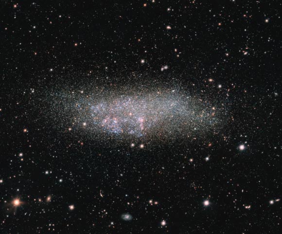 This image shows the dwarf irregular galaxy Wolf-Lundmark-Melotte. Image credit: ESO / VST / Omegacam Local Group Survey.
