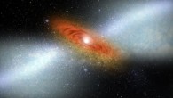 In an artist’s conception, heated galactic wind shown in the hazy portion of the picture emanates from the bright quasar at the edge of a black hole, scattering dust and gas. If allowed to cool, that dust and gas would begin to form stars. Image credit: Johns Hopkins University.