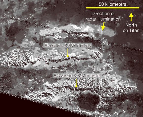 Titan’s Mithrim Montes is home to the hazy moon’s tallest peak. Image credit: NASA / JPL-Caltech / ASI.