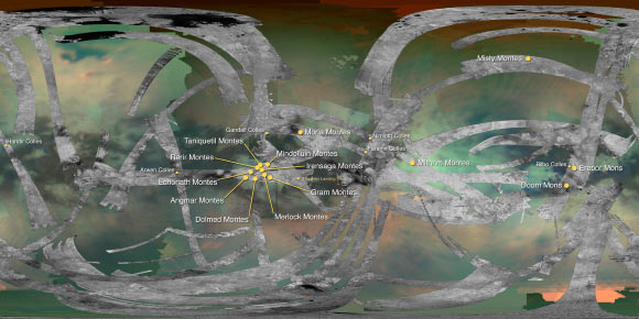 This map of Titan identifies the locations of mountains that have been named by the International Astronomical Union. By convention, mountains on Titan are named for mountains from Middle-earth, the fictional setting in fantasy novels by J.R.R. Tolkien. Colles (collections of hills) are named for characters from the same works by Tolkien. The map uses data collected by both Cassini’s visual and infrared mapping spectrometer (VIMS) and radar instruments. Image credit: NASA / JPL-Caltech / University of Arizona / USGS.