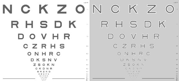 Left: conventional chart. Right: Moorfields Acuity Chart. Image credit:  Nilpa Shah et al.