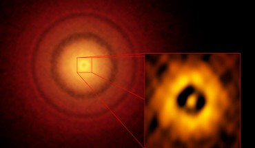 This ALMA image shows the planet-forming disc around TW Hydrae. The inset image zooms in on the gap nearest to the star, which is at the same distance as the Earth is from the Sun, suggesting an infant version of an Earth-like exoplanet could be emerging from the dust and gas. The additional concentric light and dark features represent other planet-forming regions farther out in the disc. Image credit: S. Andrews, Harvard-Smithsonian Center for Astrophysics / ALMA / ESO / NAOJ / NRAO.