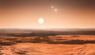 This artist’s impression shows the view from a terrestrial exoplanet towards the planet’s host star in a triple stellar system. Image credit: M. Kornmesser / ESO.