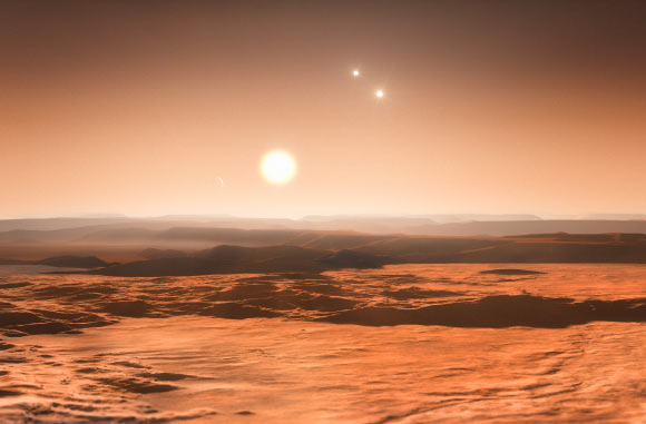 This artist’s impression shows the view from a terrestrial exoplanet towards the planet’s host star in a triple stellar system. Image credit: M. Kornmesser / ESO.