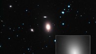 The elliptical galaxy NGC 1600, approximately 200 million light-years away - shown in the center of the Hubble image and highlighted in the box - hosts in its centre one of the biggest supermassive black holes known. Image credit: NASA / ESA / Digital Sky Survey 2.
