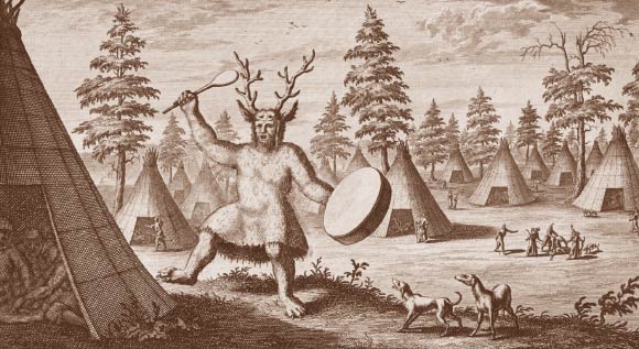 Depiction of an Evenki shaman wearing antler headdress (Witsen, 1785). Image credit: Aimée Little et al.