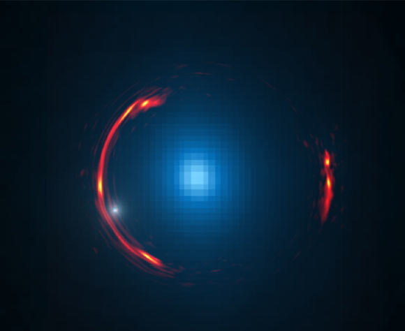 Composite image of the gravitational lens SDP.81 showing the distorted ALMA image of the more distant galaxy (red arcs) and the Hubble optical image of the nearby lensing galaxy (blue center object). By analyzing the distortions in the ring, astronomers have determined that a dark dwarf galaxy (data indicated by white dot near left lower arc segment) is lurking nearly 4 billion light-years away. Image credit: Y. Hezaveh, Stanford University / ALMA / NRAO / ESO / NAOJ / NASA / ESA / Hubble Space Telescope.