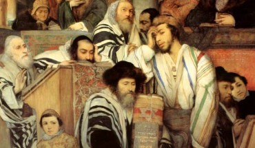 Ashkenazi Jews of 19th century Eastern Europe portrayed in Jews Praying in the Synagogue on Yom Kippur, by Maurycy Gottlieb, 1878 (from Jewish Art, p. 199).