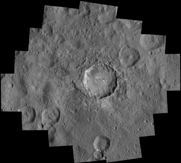This image is a mosaic of views that Dawn took in its low-altitude mapping orbit, at a distance of 240 miles (385 km) from the surface of Ceres. In the center is Haulani Crater. Image credit: NASA / JPL-Caltech / UCLA / MPS / DLR / IDA / PSI.