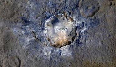 This image of Haulani Crater was acquired by Dawn from a distance of 915 miles (1,470 km). The bluish material visible here indicates relatively fresh material on the surface. Image credit: NASA / JPL-Caltech / UCLA / MPS / DLR / IDA / PSI.