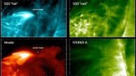 This picture shows four views of the 10 December 2013 solar flare from SDO, STEREO, and Hinode. The current sheet is a long, thin structure, especially visible in the views on the left. Image credit: NASA / JAXA / SDO / STEREO / Hinode / Zhu et al.