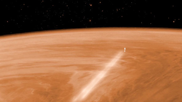 Visualization of ESA’s Venus Express during the aerobraking maneuver, during which the spacecraft orbited Venus at an altitude of around 81 miles (130 km) from 18 June to 11 July 2014. In the month before, the altitude was gradually reduced from around 124 miles (200 km) to 81 miles. Image credit: C. Carreau / ESA.