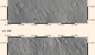 Beagle-2 landing site: original image (upper panel) and SRR from 5 input images (lower). The bright object in the upper centre portion is shown in the next figure. Map co-ordinates come from NASA’s HiRISE camera and are not in a global reference system. Image credit: Yu Tao & Jan-Peter Muller, University College London.