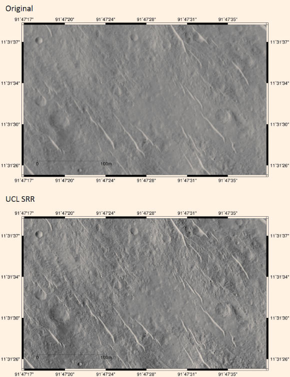 Beagle-2 landing site: original image (upper panel) and SRR from 5 input images (lower). The bright object in the upper centre portion is shown in the next figure. Map co-ordinates come from NASA’s HiRISE camera and are not in a global reference system. Image credit: Yu Tao & Jan-Peter Muller, University College London.