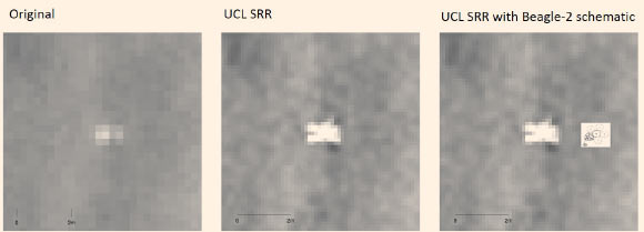 Zoom-up of the proposed Beagle-2 location (left panel) at the original 25 cm resolution; zoom-up of the SRR of proposed lander location (center panel) at 6.25 cm; cartoon sketch of Beagle-2 superimposed on the right of the proposed lander location at the same scale on SRR (right panel). Image credit: University College London.