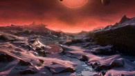 This artist’s impression shows an imagined view from the surface one of the three exoplanets orbiting the ultracool dwarf star TRAPPIST-1 38.8 light-years from Earth. These alien worlds have sizes and temperatures similar to those of Venus and Earth. In this view one of the inner planets is seen in transit across the disc of TRAPPIST-1. Image credit: M. Kornmesser / ESO.