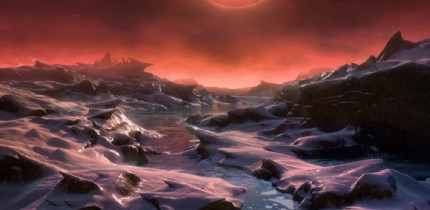 This artist’s impression shows an imagined view from the surface one of the three exoplanets orbiting the ultracool dwarf star TRAPPIST-1 38.8 light-years from Earth. These alien worlds have sizes and temperatures similar to those of Venus and Earth. In this view one of the inner planets is seen in transit across the disc of TRAPPIST-1. Image credit: M. Kornmesser / ESO.