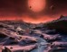 This artist’s impression shows an imagined view from the surface one of the three exoplanets orbiting the ultracool dwarf star TRAPPIST-1 38.8 light-years from Earth. These alien worlds have sizes and temperatures similar to those of Venus and Earth. In this view one of the inner planets is seen in transit across the disc of TRAPPIST-1. Image credit: M. Kornmesser / ESO.