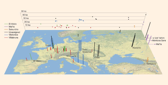 Location and age of the 51 ancient modern humans analyzed in the study: each bar corresponds to an individual, the color code designates the genetically defined cluster of individuals, and the height is proportional to age (the background grid shows a projection of longitude against age). To help in visualization, the scientists added jitter for sites with multiple individuals from nearby locations. Four individuals from Siberia are plotted at the far eastern edge of the map. Image credit: Qiaomei Fu et al.