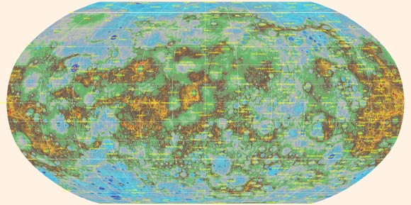 Topographic map of Mercury with labeled features. Mercury’s surface is colored according the topography of the surface, with regions with higher elevations colored brown, yellow and red, and regions with lower elevations appearing blue and purple. The highest elevation on the planet is located just south of the equator, and about 2.5 miles above Mercury’s average elevation. The lowest elevation, which is more than three miles below Mercury’s average, is found on the floor of Rachmaninoff basin, a basin suspected to host some of the most recent volcanic deposits on the planet. Image credit: NASA / U.S. Geological Survey / Arizona State University / Carnegie Institution of Washington / Johns Hopkins University Applied Physics Laboratory.