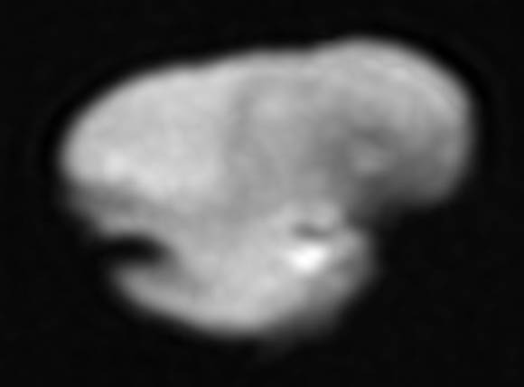 This image, taken by New Horizons’ LORRI camera on July 14, 2015, shows Pluto’s small, irregularly shaped moon Hydra. Image credit: NASA / Johns Hopkins University Applied Physics Laboratory / Southwest Research Institute.