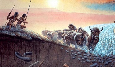 Paleo-Indian hunters scout a herd of Bison antiquus. Hunters often killed large numbers of bison by driving a herd over a cliff. Image credit: Mark Marcuson / University of Nebraska State Museum.