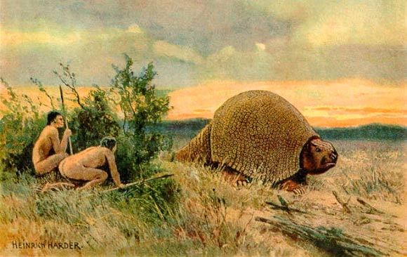 Paleo-Indians hunting a glyptodont, a relative of the armadillo that lived during the Pleistocene epoch. By Heinrich Harder, 1920.