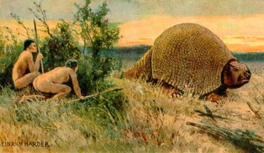Paleo-Indians hunting a glyptodont, a relative of the armadillo that lived during the Pleistocene epoch. By Heinrich Harder, 1920.