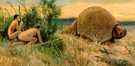 Paleo-Indians hunting a glyptodont, a relative of the armadillo that lived during the Pleistocene epoch. By Heinrich Harder, 1920.
