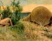 Paleo-Indians hunting a glyptodont, a relative of the armadillo that lived during the Pleistocene epoch. By Heinrich Harder, 1920.