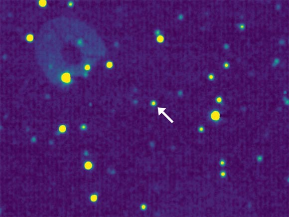 This image of 1994 JR1 was taken by New Horizons’ LORRI camera in April 2016. The feature in the top left is an internal camera reflection caused by illumination by a very bright star just outside of LORRI’s field of view. Image credit: NASA / Johns Hopkins University Applied Physics Laboratory / Southwest Research Institute.