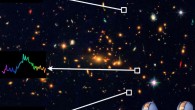 Color image of MACS J2129.4-0741 taken with the NASA/ESA Hubble Space Telescope: an image of the faint, distant galaxy was split into three by a powerful gravitational lens; by comparing the spectra of the three images (white boxes), astronomers could show they were all the same object 13 billion light-years away. Image credit: Marusa Bradac / Hubble Space Telescope / W. M. Keck Observatory.