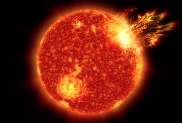 Artist’s concept of the active young Sun 4 billion years ago. Its energy may have aided in creating molecules in the atmosphere of early Earth that allowed it to warm up enough to incubate life. Image credit: NASA / GSFC / CIL.