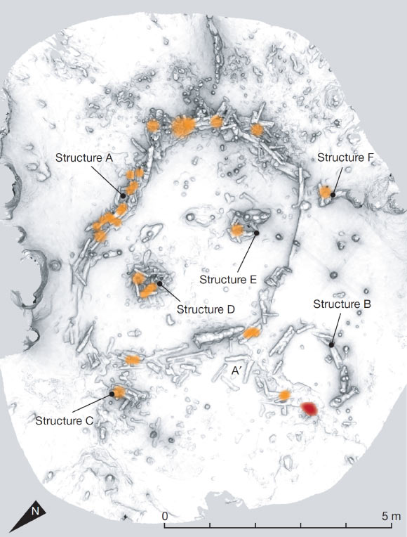 Bruniquel Cave structures: the six structures are composed only of stalagmites or fragments of stalagmites, aligned and superimposed (A, B) or accumulated (C, D, E, F); the orange spots represent the heated zones, all located on the construction elements; the red spot (structure B) represents a char concentration (mainly burnt bone fragments) on the ground. Image credit: Jacques Jaubert et al.