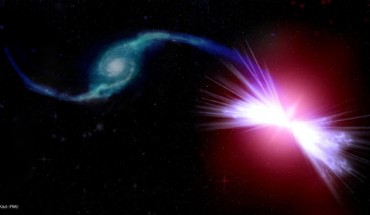 An artist’s rendition of the Akira (right) and Tetsuo (left) galaxies in action. Akira’s gravity pulls Tetsuo’s gas into its central supermassive black hole, fueling winds that have the power to heat Akira’s gas. Because of the action of the black hole winds, Tetsuo’s donated gas is rendered inert, preventing a new cycle of star formation in the Akira galaxy. Image credit: Kavli IPMU.