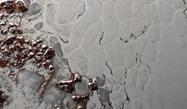 Sputnik Planum basin: this scene, which is about 250 miles (400 km) across, uses data from New Horizons’ Ralph/MVIC instrument. Image credit: NASA / Johns Hopkins University Applied Physics Laboratory / Southwest Research Institute.