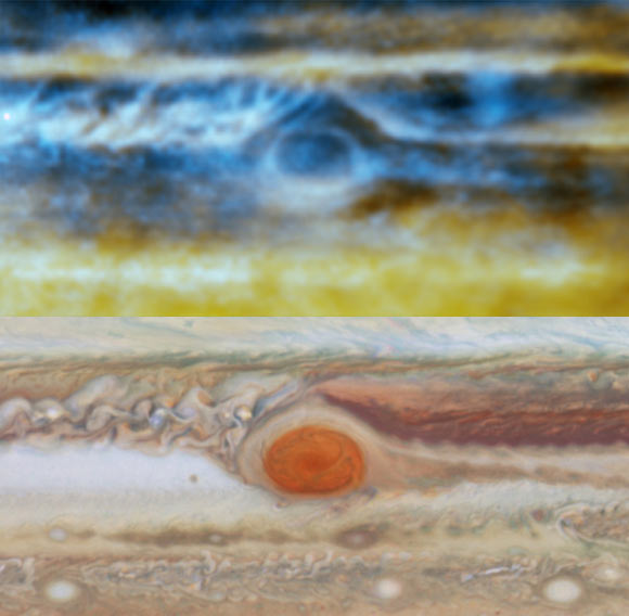 Radio image (top), made with the VLA, and optical image (bottom) made with the NASA/ESA Hubble Space Telescope, of Jupiter’s Great Red Spot. The radio image shows the complex upwellings and downwellings of ammonia gas 18-56 miles (30-90 km) below the visible clouds. Image credit: Imke de Pater et al / NRAO / AUI / NSF / NASA / ESA.