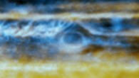 Radio image (top), made with the VLA, and optical image (bottom) made with the NASA/ESA Hubble Space Telescope, of Jupiter’s Great Red Spot. The radio image shows the complex upwellings and downwellings of ammonia gas 18-56 miles (30-90 km) below the visible clouds. Image credit: Imke de Pater et al / NRAO / AUI / NSF / NASA / ESA.