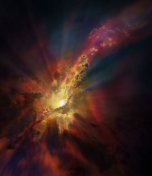 Deep in the heart of Abell 2597 BCG, astronomers see a small cluster of giant gas clouds raining in on the central supermassive black hole. They were revealed by the billion light-year-long shadows they cast toward Earth. These data present the first observational evidence for predicted chaotic cold accretion onto a supermassive black hole. Image credit: NRAO / AUI / NSF / Dana Berry / SkyWorks / ALMA / ESO / NAOJ.
